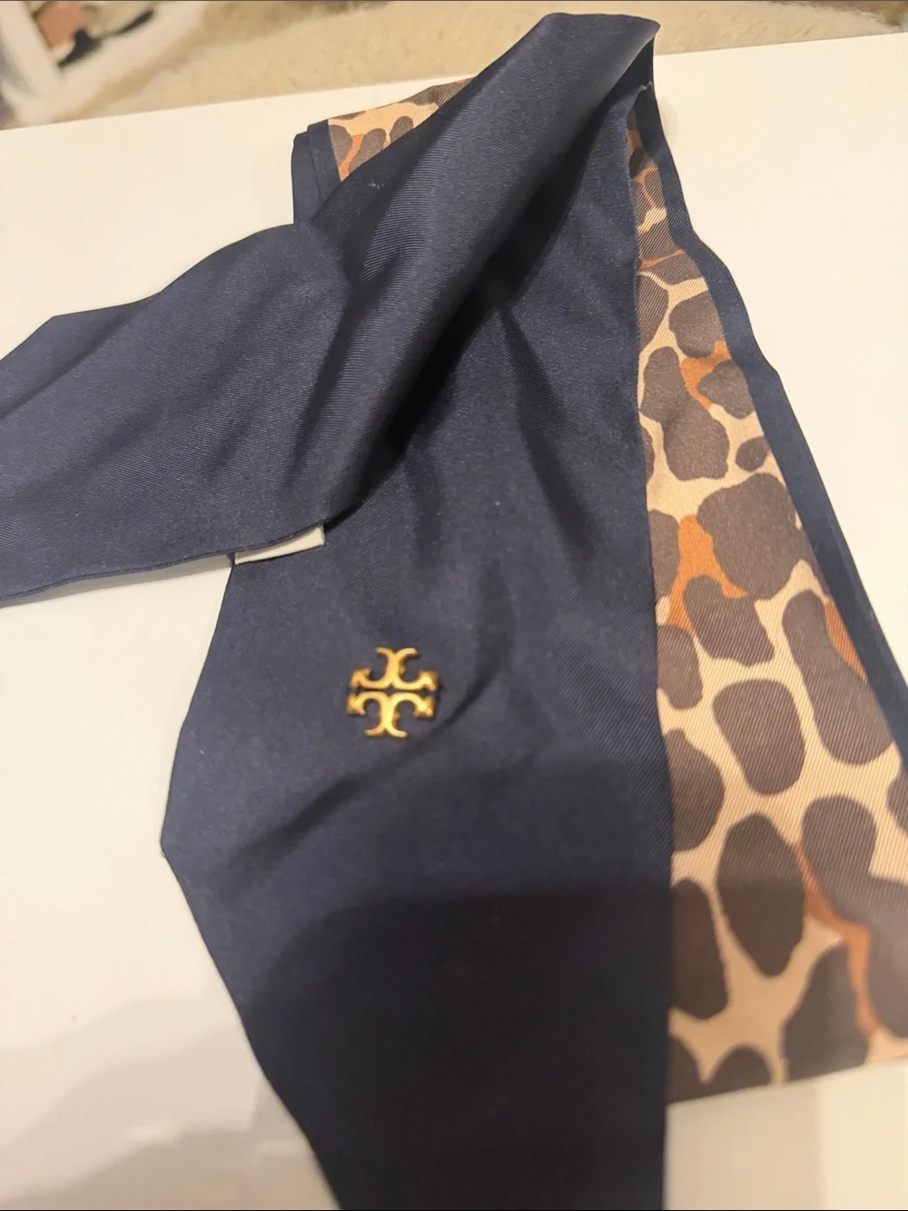 Tory Burch Leopard Print Silk Twilly with Navy Trim